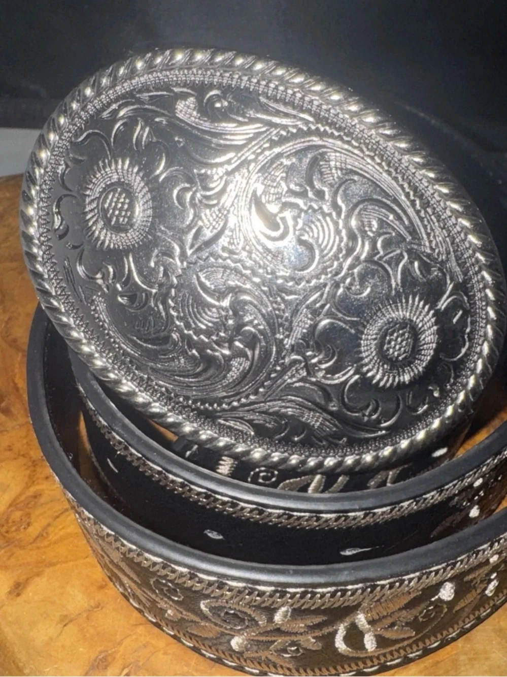 Embroidered ladies Black Leather Belt with Ornate Silver Buckle